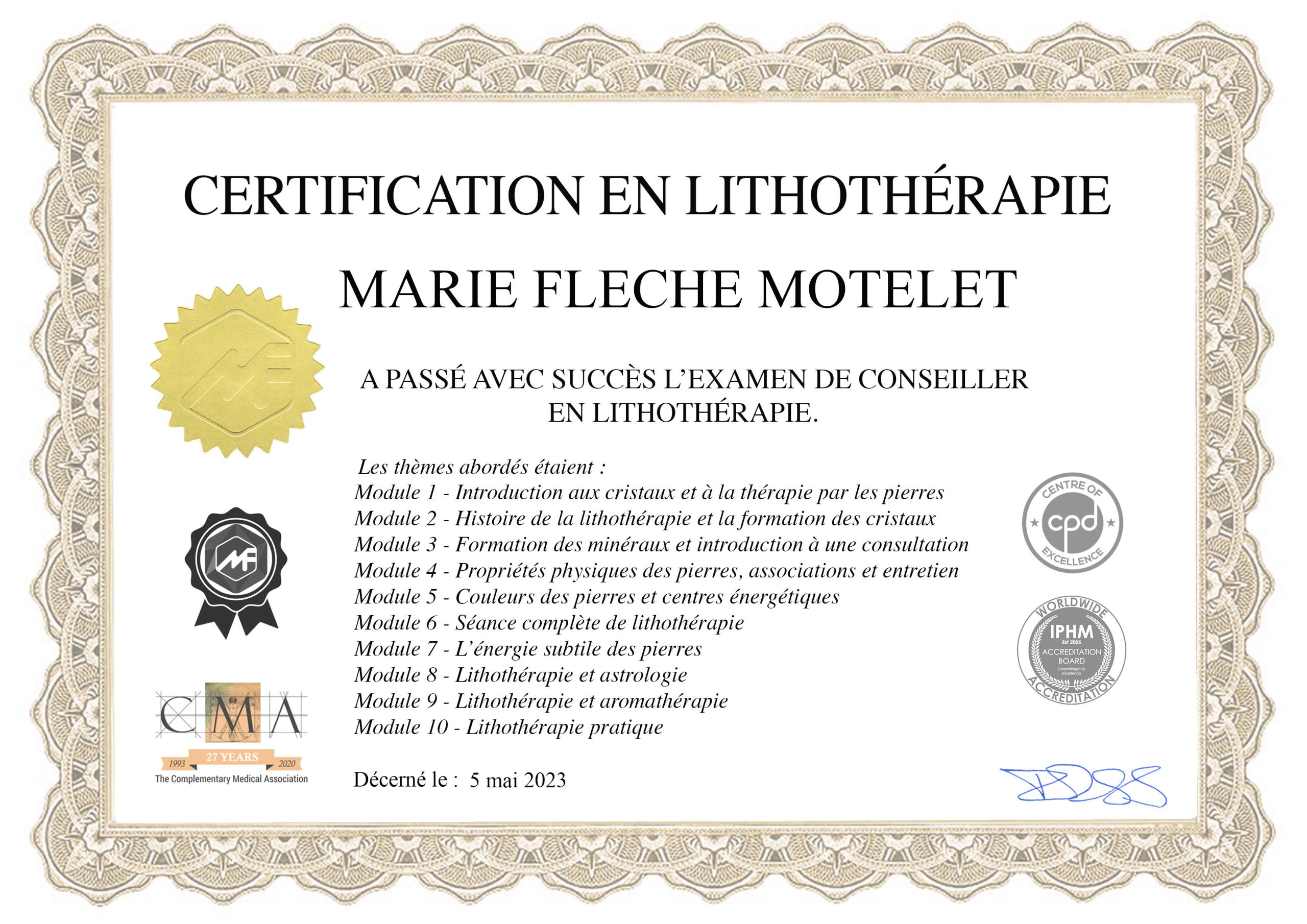 Certificat - Lithothérapie